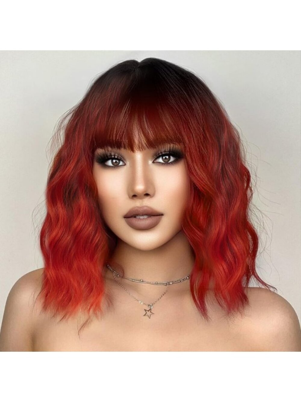 Women's Red Fashion Short Wavy Curly Looking Natural Bob Wig Synthetic with Bang